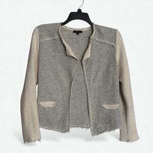 DREW Womens Cardigan Sweater Womens Small Fringe Cream Gray Open Front Fraying